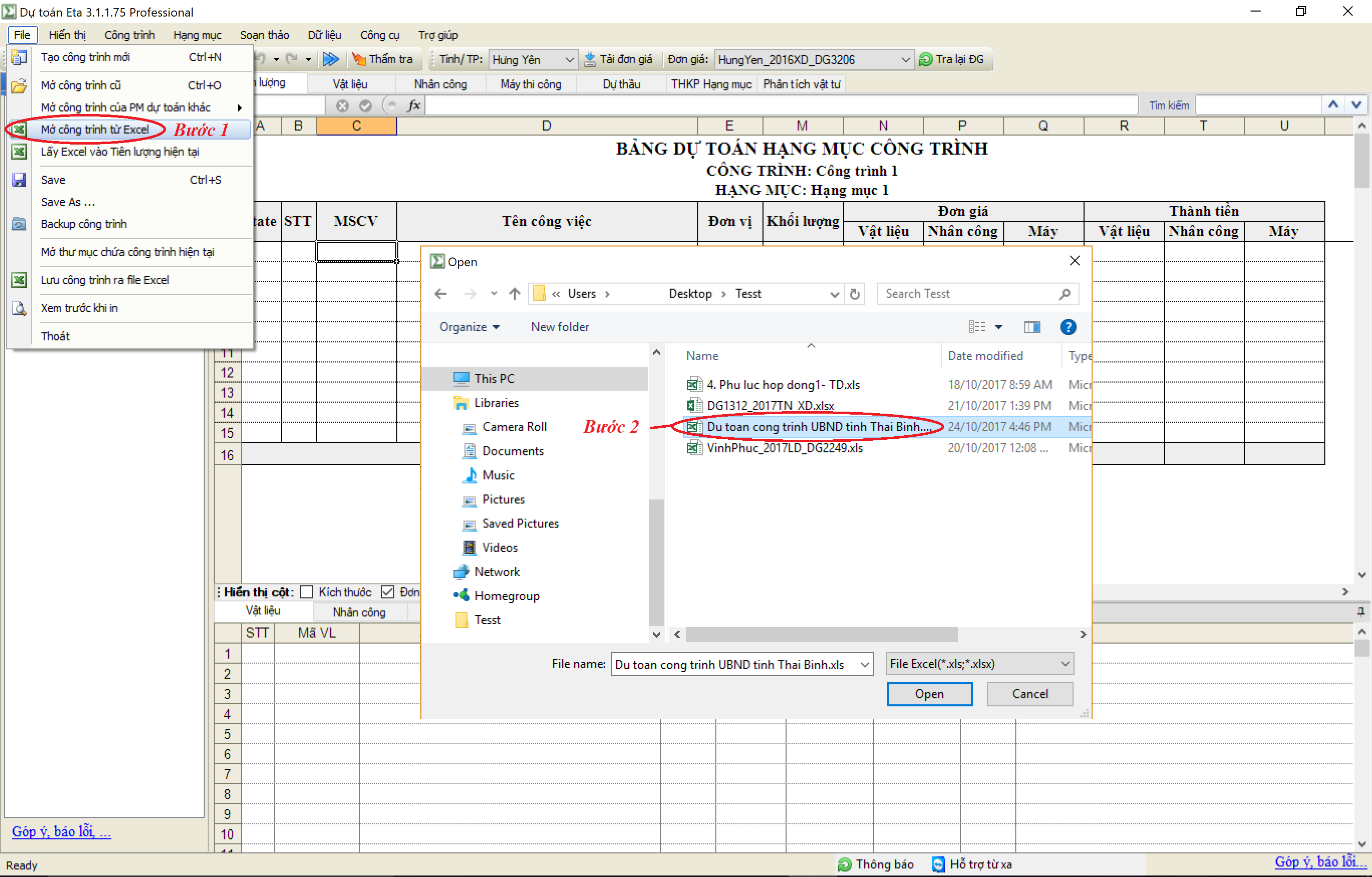 Lấy file excel vào dự toán eta