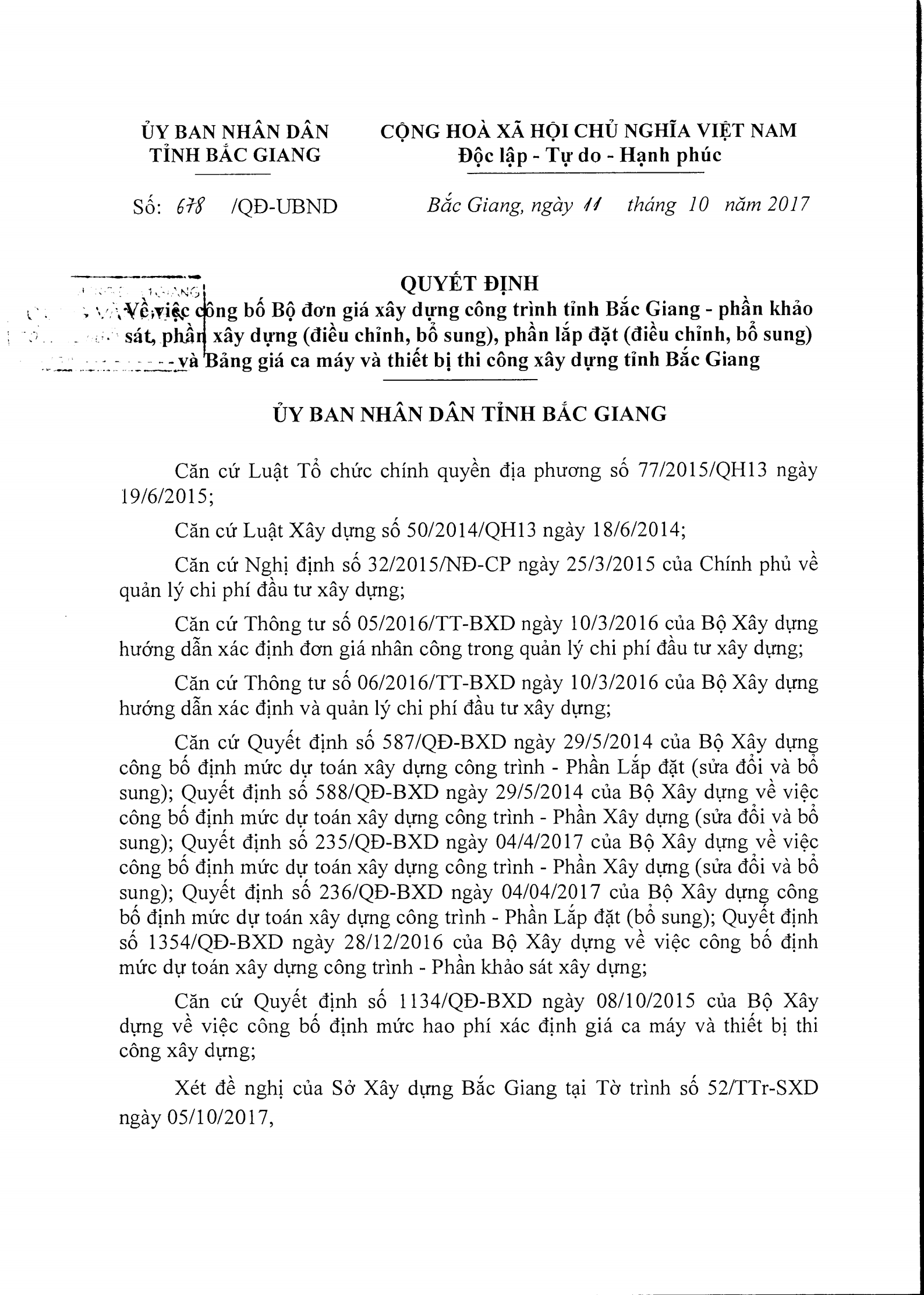 Đơn giá XDCT tỉnh Bắc Giang theo Quyết định 678