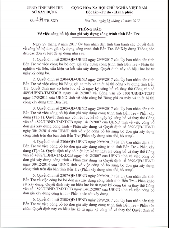 Đơn giá Bến Tre công bố theo Quyết định 2034/QĐ-UBND