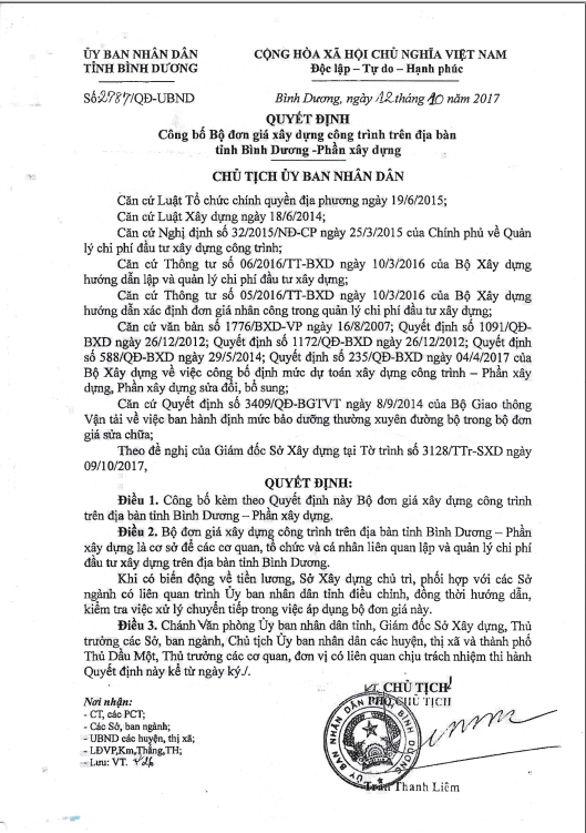 Đơn giá XDCT tỉnh Bình Dương
