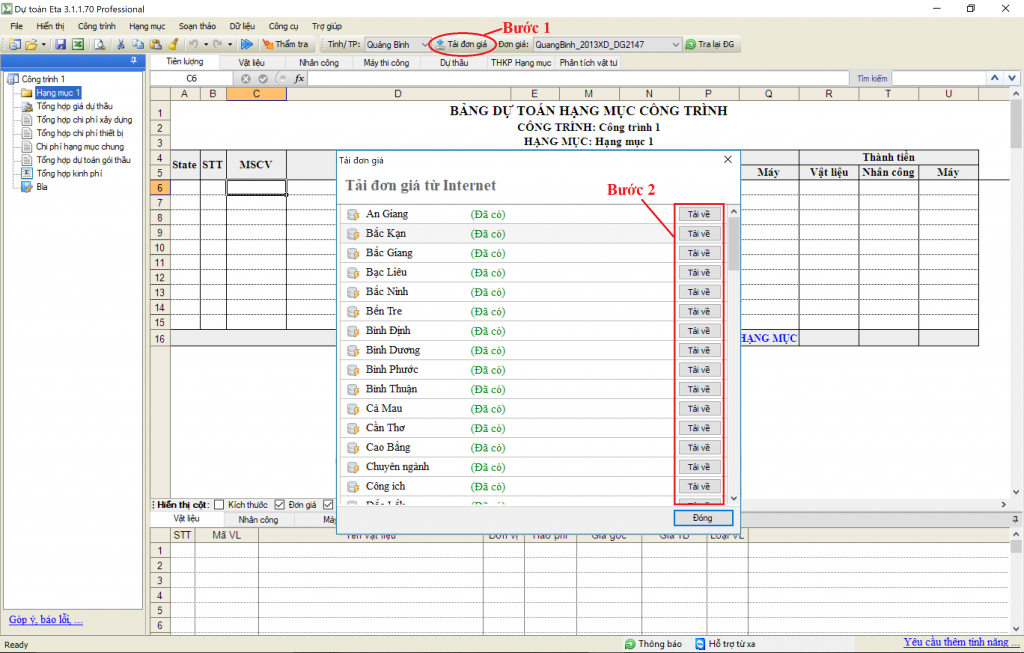 tải đơn giá trong dự toán eta