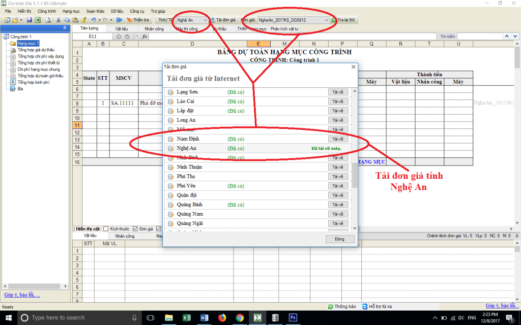 Đơn giá Khảo sát Nghệ An năm 2017