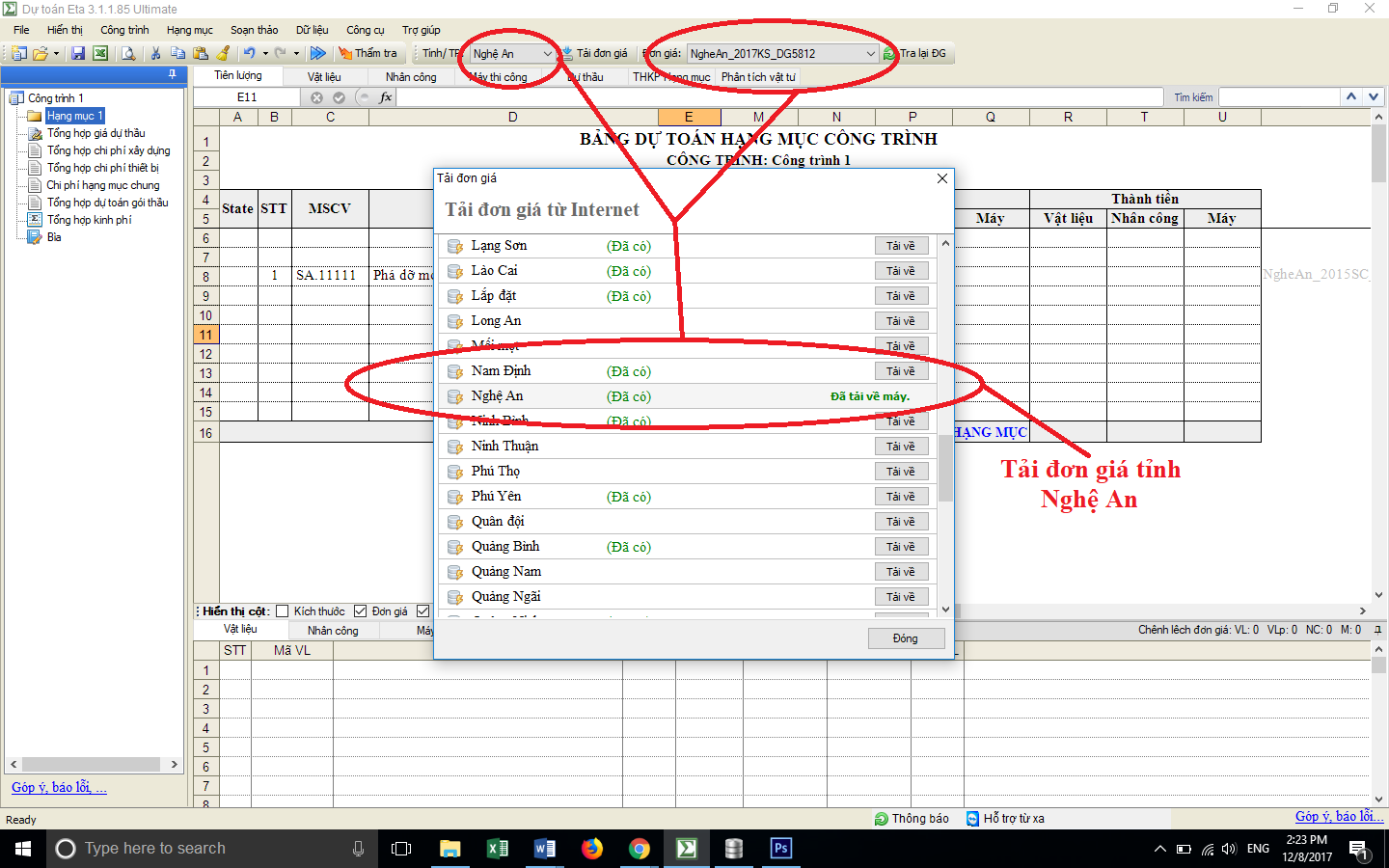 Đơn giá xây dựng công trình tỉnh Nghệ An