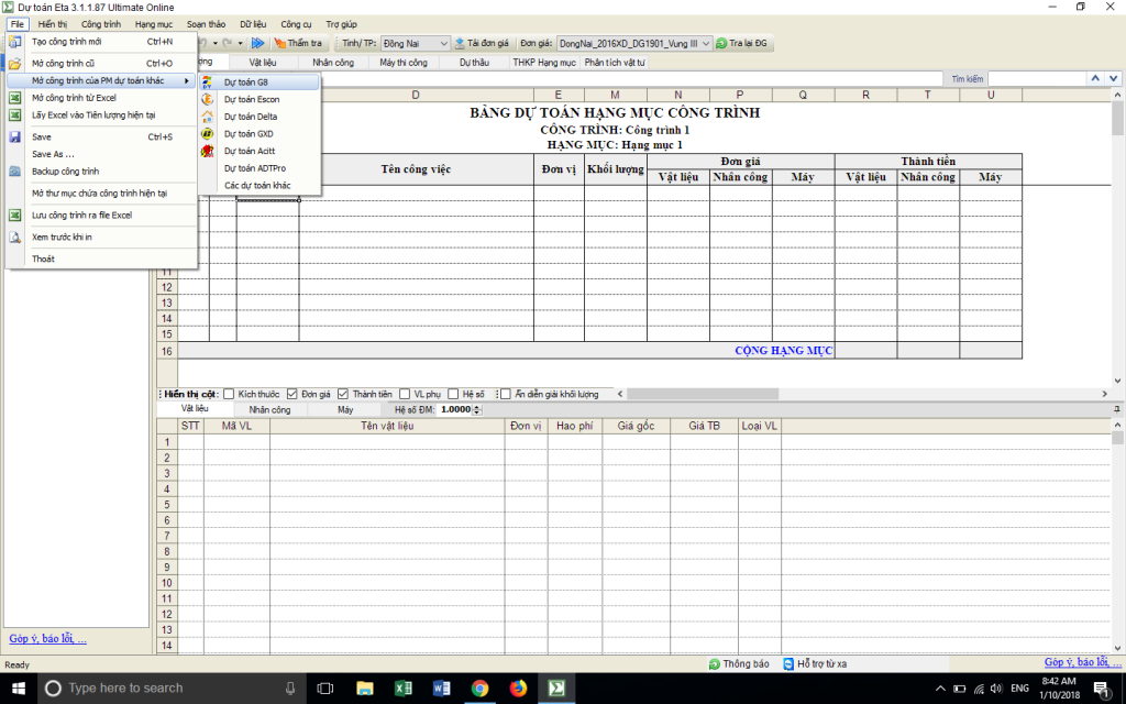 Phần mềm dự toán Eta năm 2019