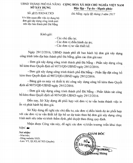 Đơn giá xây dựng công trình thành phố Đà Nẵng