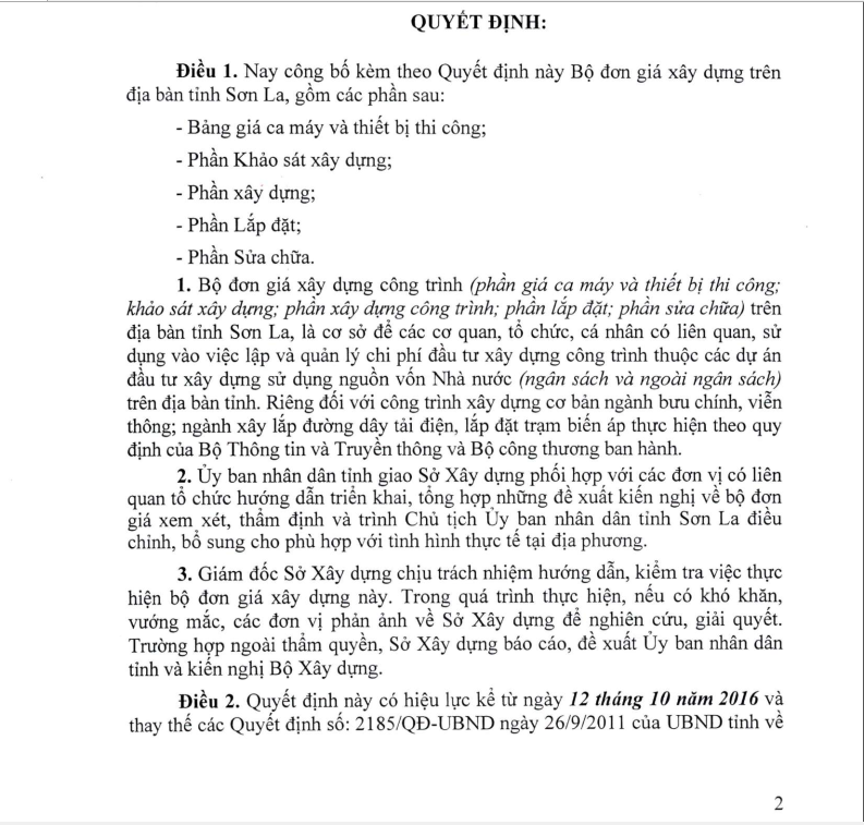 Đơn giá xây dựng công trình tỉnh Sơn La