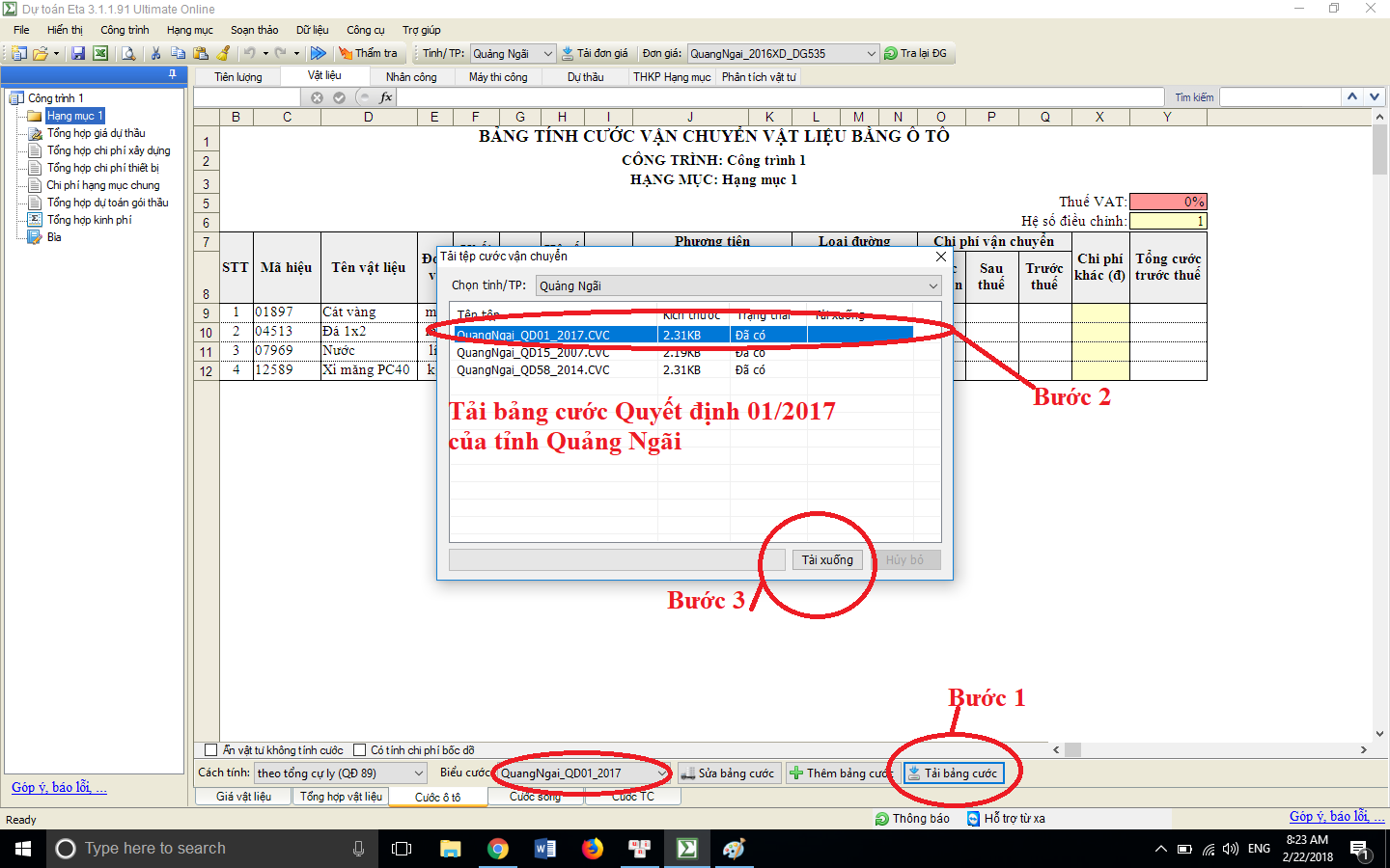 Cước vận chuyển tỉnh Quảng Ngãi quyết định 01/2017