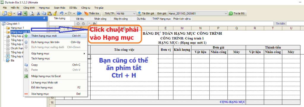 cách thêm hạng mục mới trong dự toán Eta