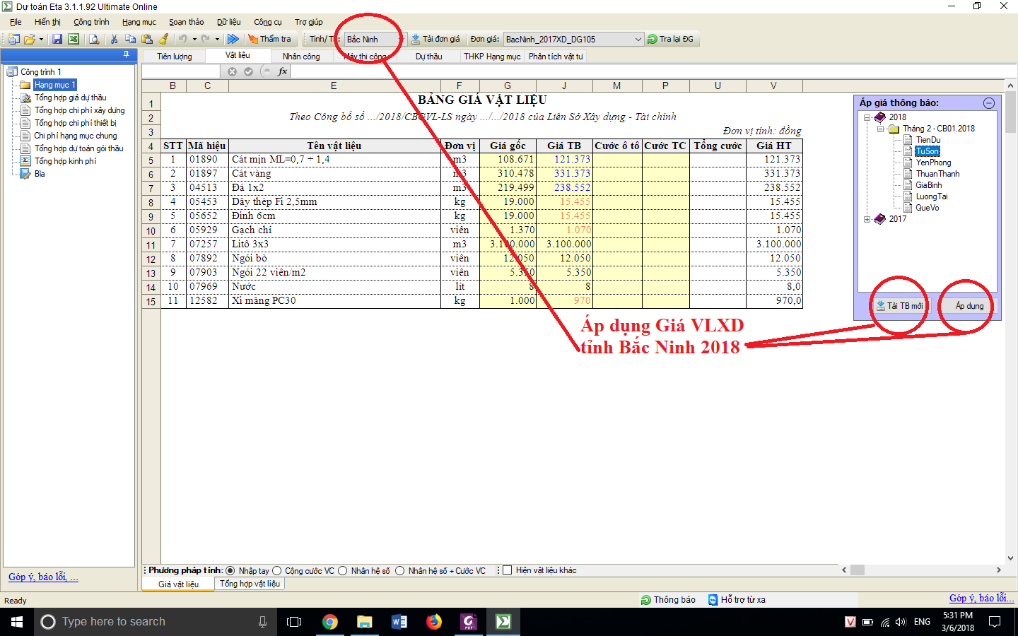 Giá VLXD tỉnh Bắc Ninh tháng 1 năm 2018