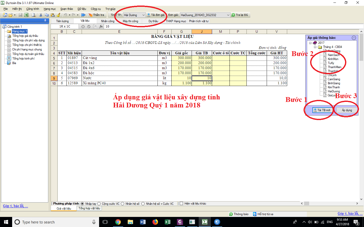 Giá VLXD tỉnh Hải Dương quý 1 năm 2018