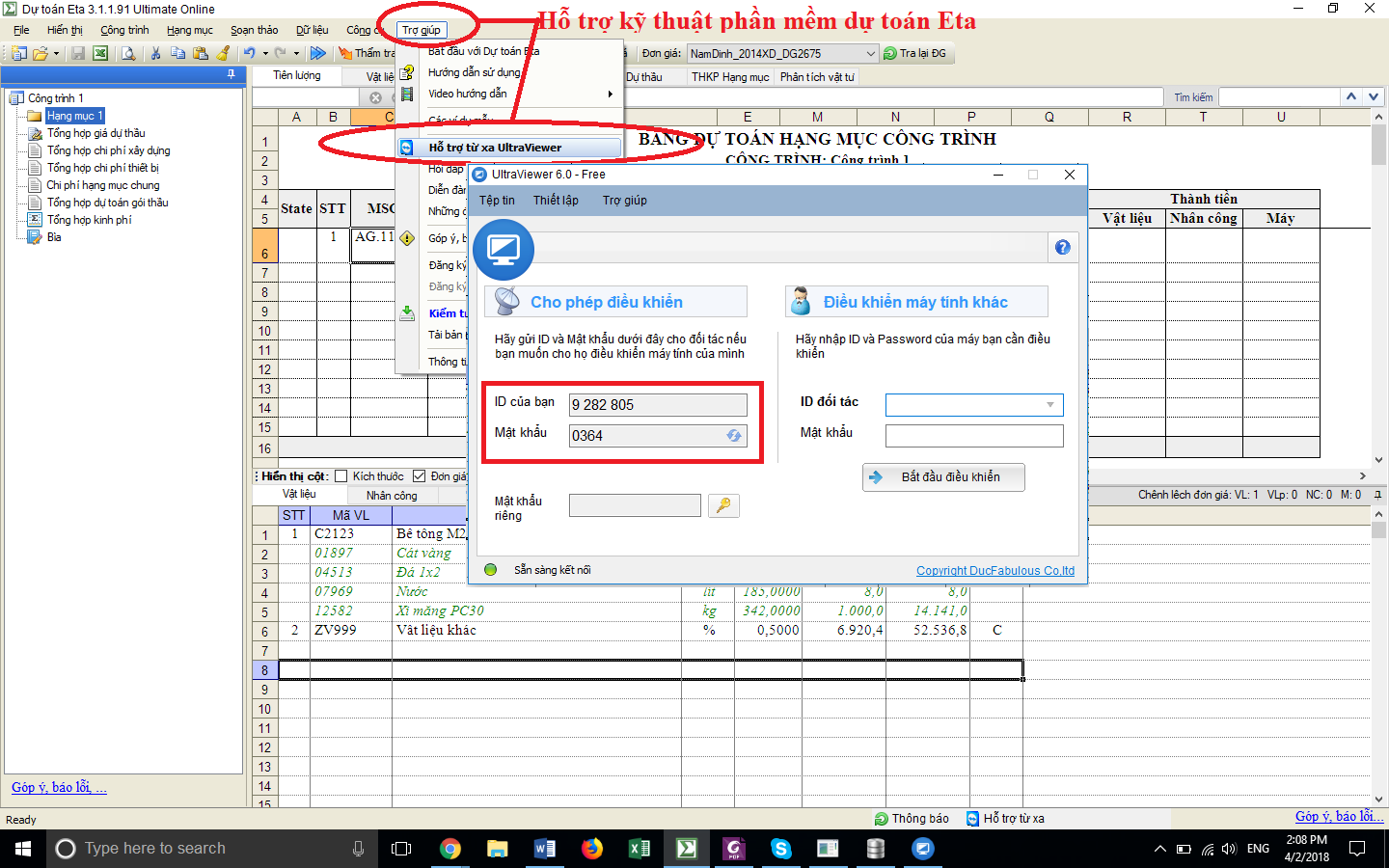 Hỗ trợ kỹ thuật phần mềm dự toán Eta