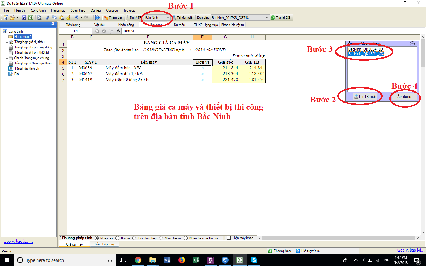 Bảng giá ca máy tỉnh Bắc Ninh Quyết định 1854/QĐ-UBND