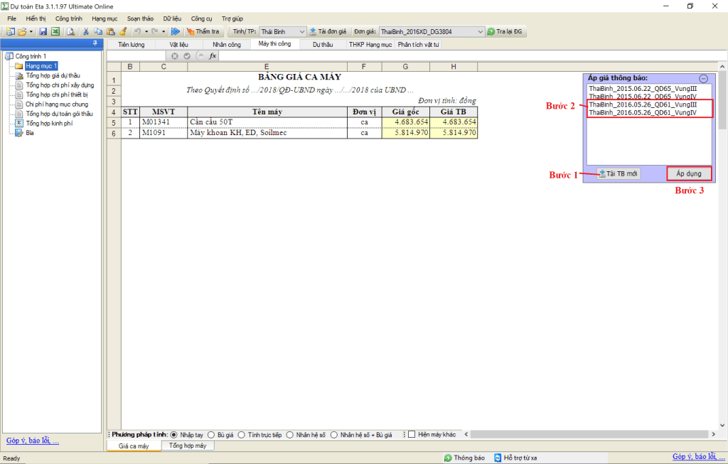 Bảng giá ca máy tỉnh Thái Bình Quyết định 61/QĐ-SXD