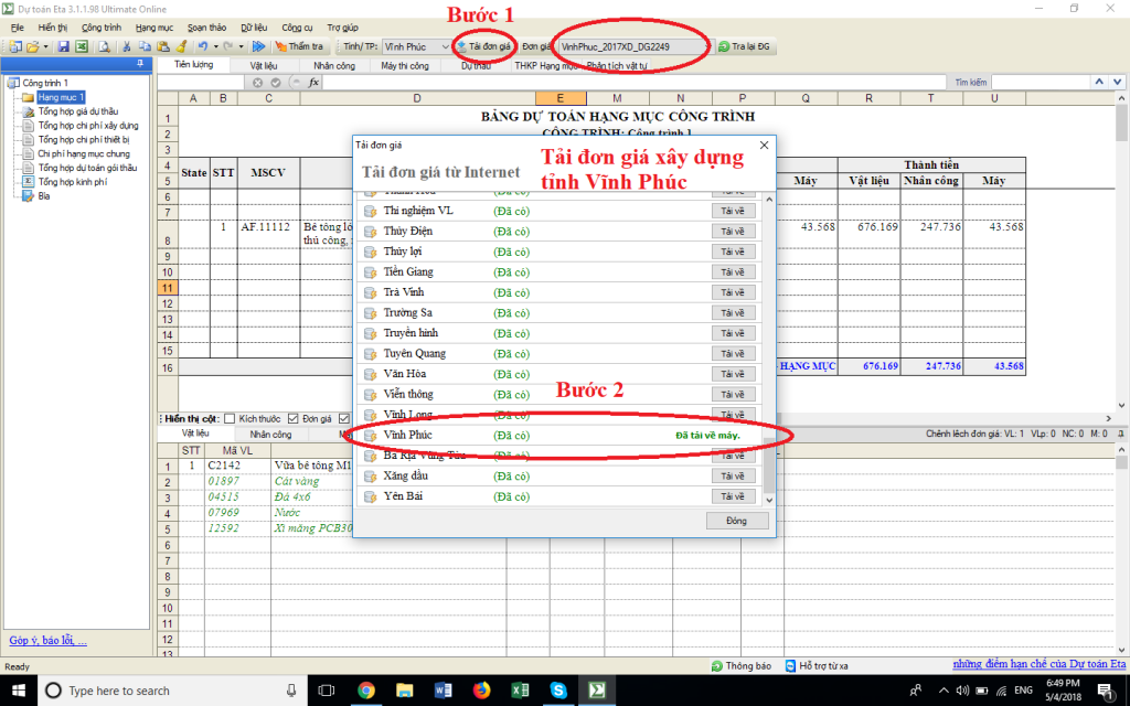 Giá VLXD tỉnh Vĩnh Phúc tháng 7 năm 2018