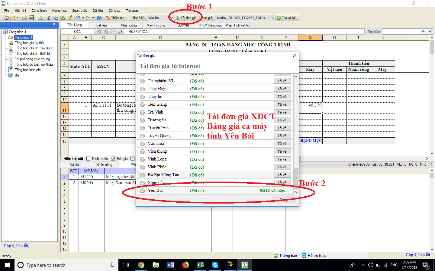 Bảng giá ca máy thi công tỉnh Yên Bái