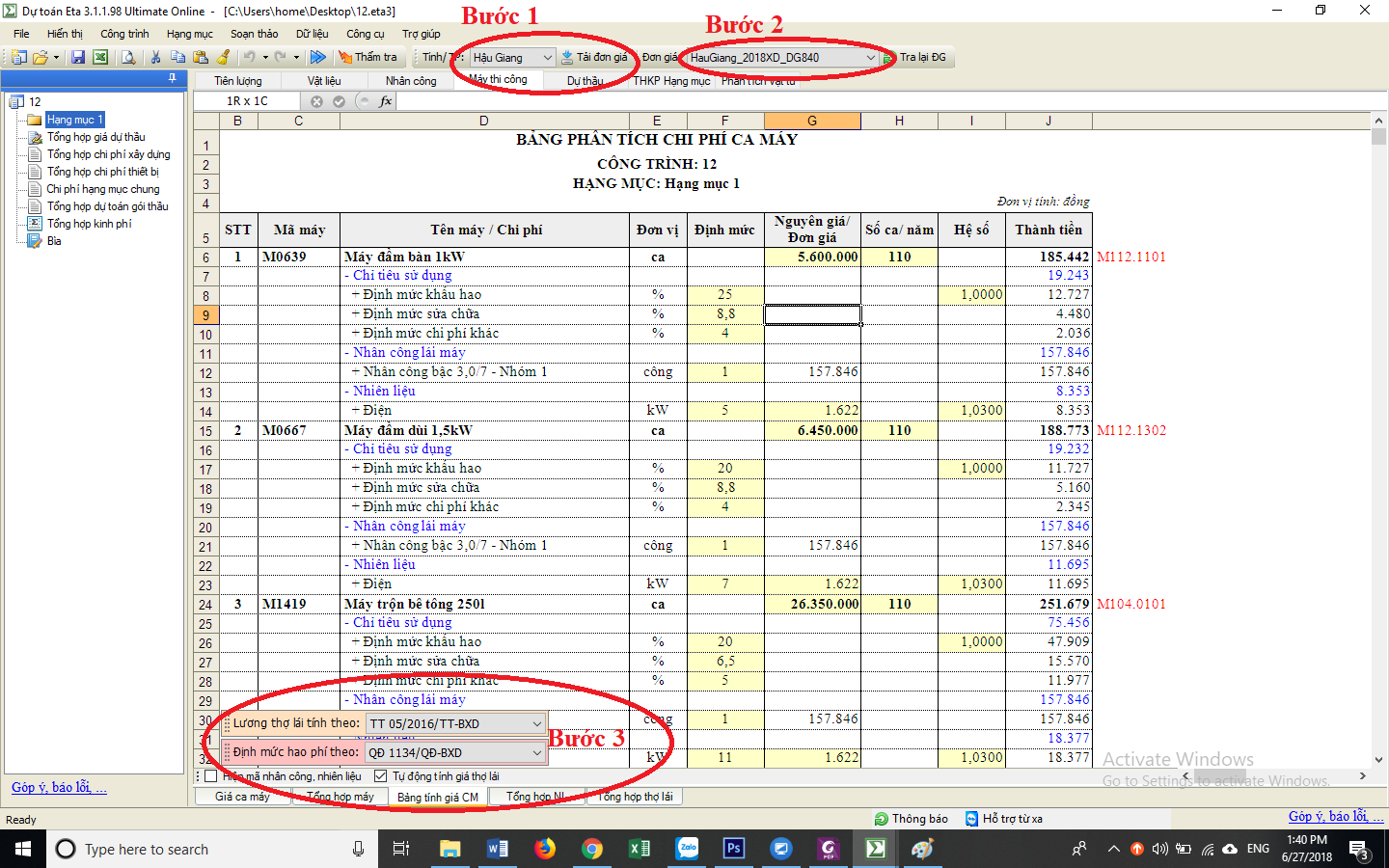 Bảng giá ca máy tỉnh Hậu Giang năm 2018