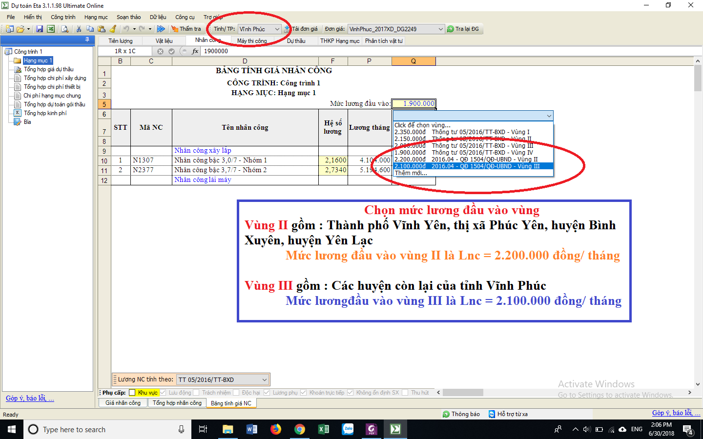 Đơn giá nhân công xây dựng tỉnh Vĩnh Phúc