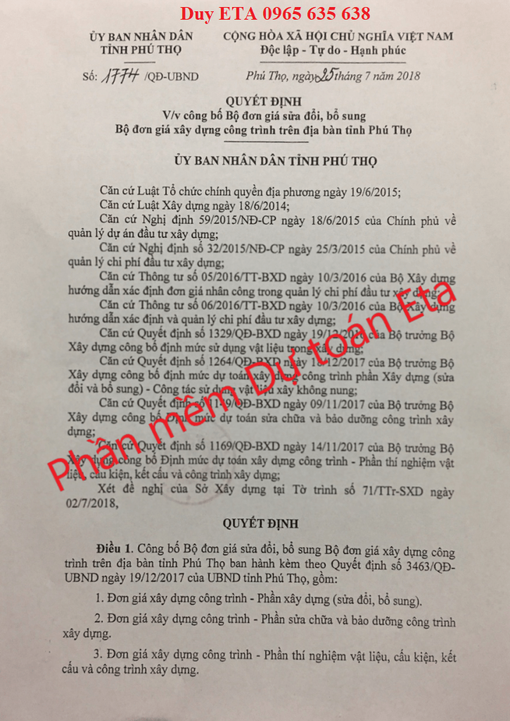 Đơn giá xây dựng công trình Phú Thọ năm 2018