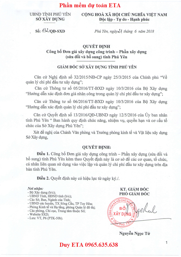 Đơn giá xây dựng công trình Phú Yên năm 2018