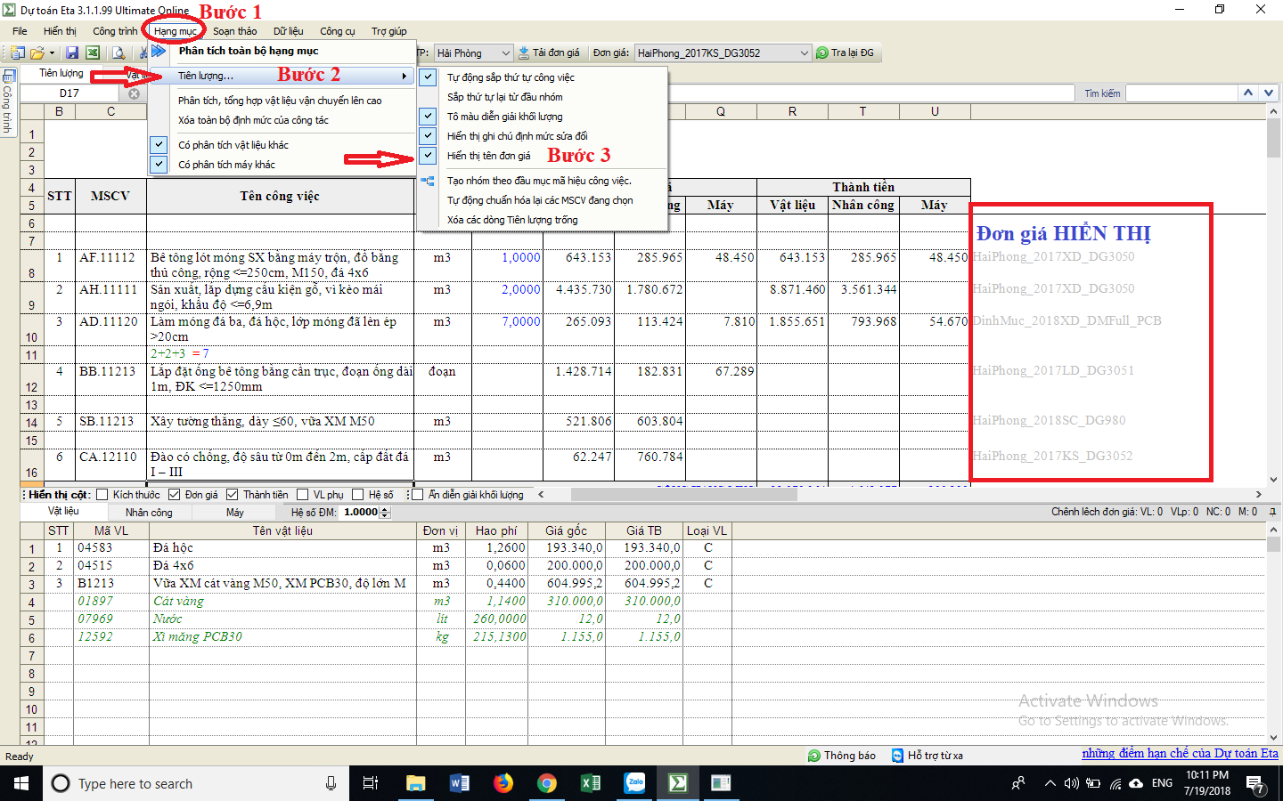 Hiện tên đơn giá trên phần mềm dự toán Eta
