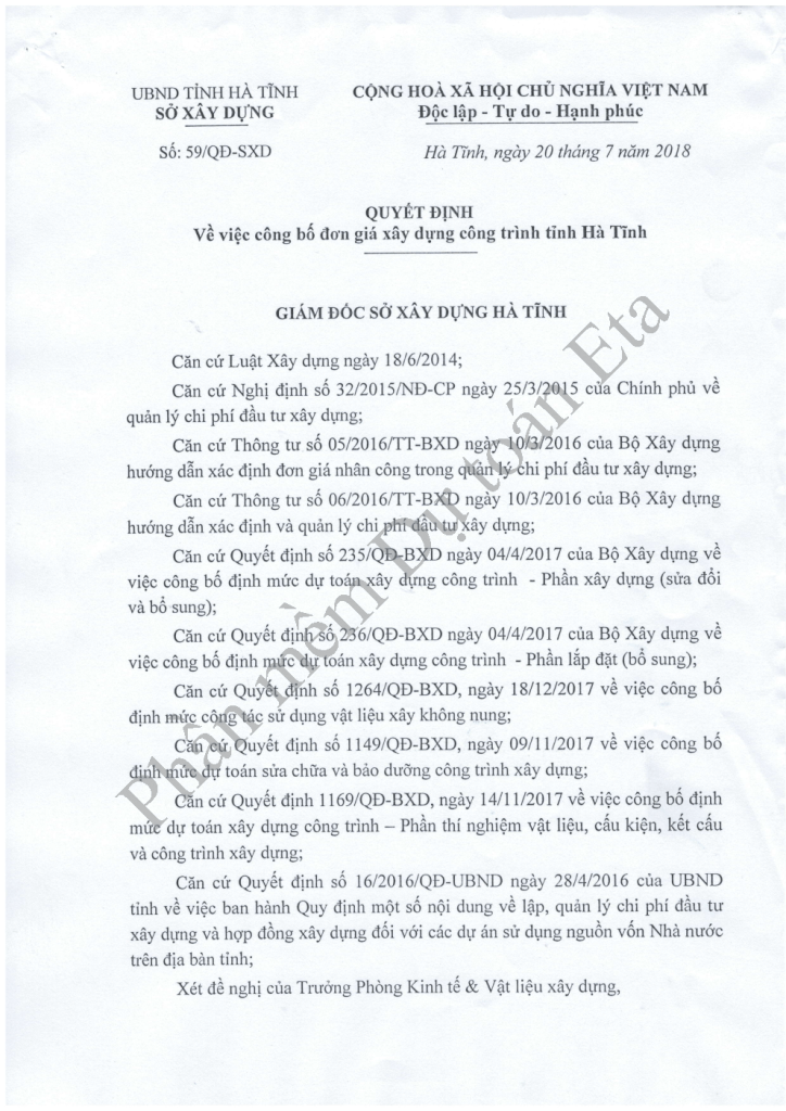 Đơn giá sửa chữa xây dựng Hà Tĩnh năm 2018