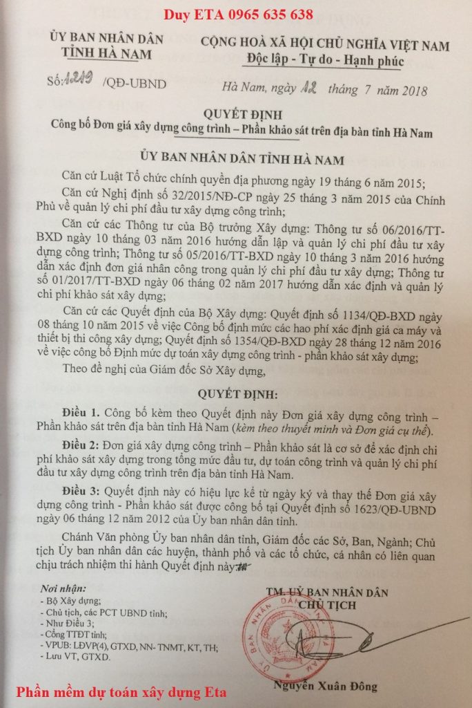 Đơn giá khảo sát xây dựng Hà Nam năm 2018