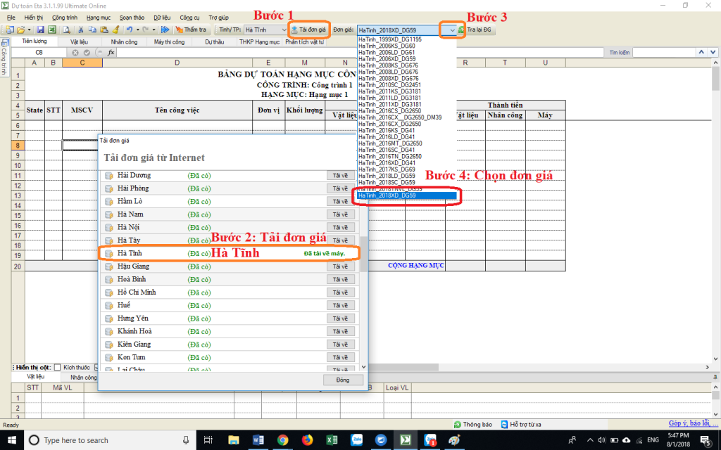 Đơn giá xây dựng công trình Hà Tĩnh năm 2018
