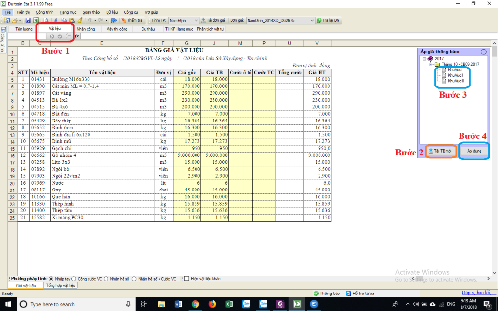 Công bố Giá VLXD Nam Định tháng 7 năm 2018