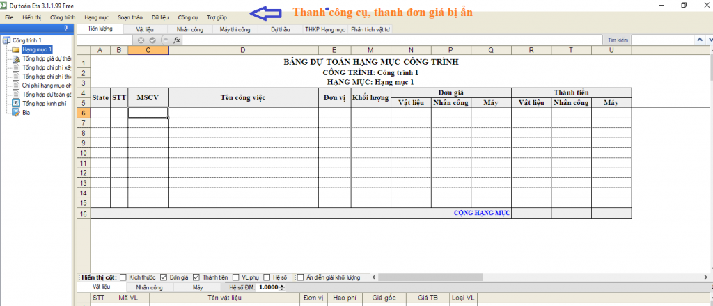 Hiển thị thanh công cụ phần mềm dự toán Eta