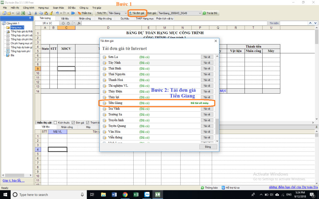 Bảng giá ca máy thi công tỉnh Tiền Giang