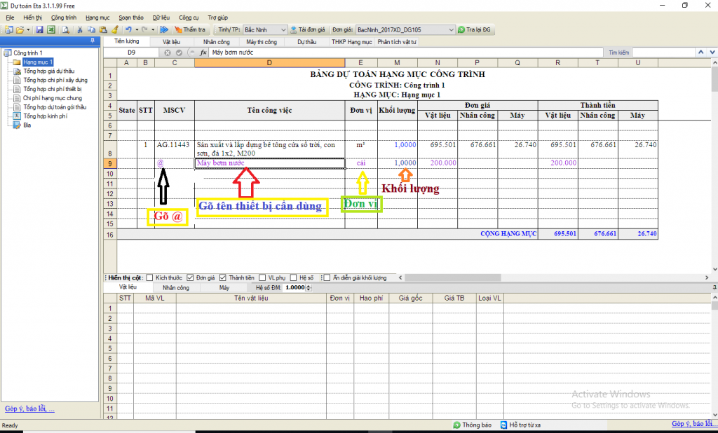 Chi phí thiết bị trên phần mềm dự toán Eta