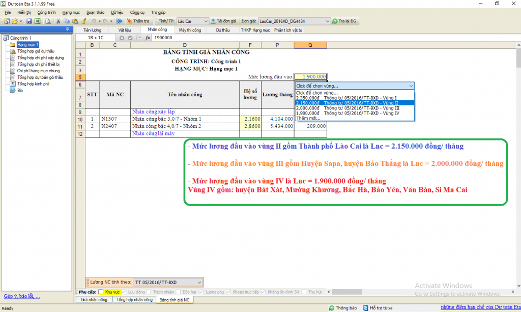 Đơn giá nhân công xây dựng tỉnh Lào Cai