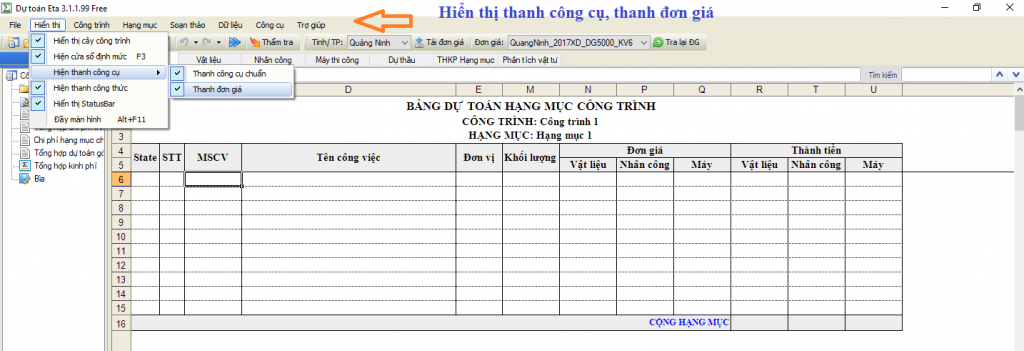 Hiển thị thanh đơn giá phần mềm dự toán Eta