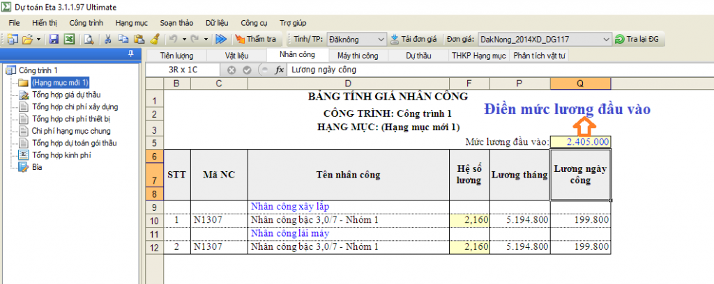 Đơn giá nhân công xây dựng tỉnh Đắk Nông