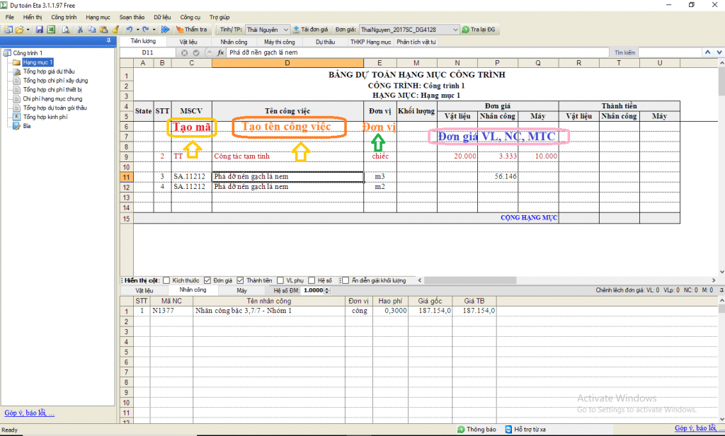 Hướng dẫn tạo đơn giá tạm tính dự toán Eta