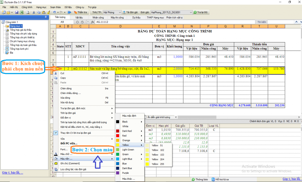 Hướng dẫn tạo ghi chú phần mềm dự toán Eta