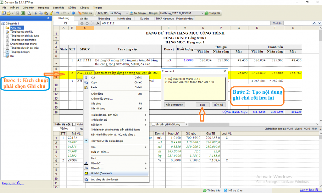 Hình ảnh hướng dẫn tạo ghi chú bằng màu sác trên phần mềm dự toán Eta