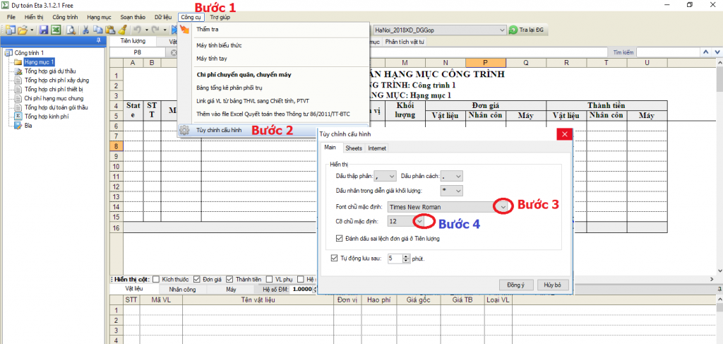 Cài đặt Fonts chữ trên Dự toán Eta