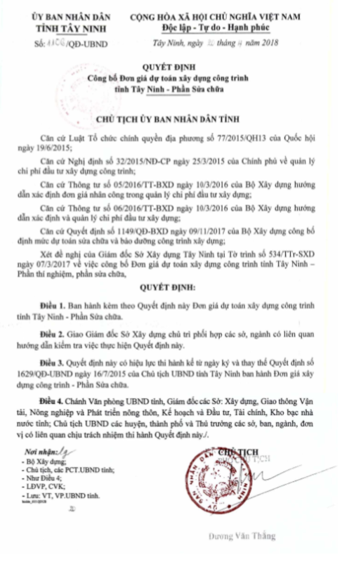 Đơn giá Sửa chữa tỉnh Tây Ninh năm 2018