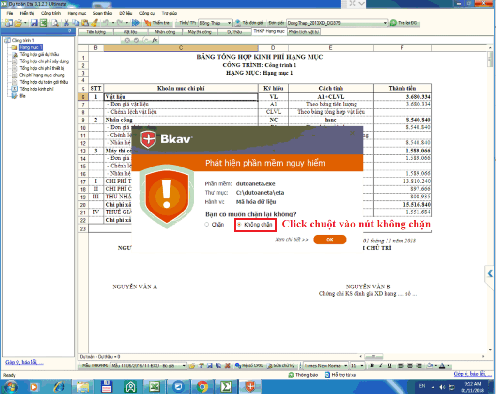 Lỗi dự toán Eta không xuất ra được Excel