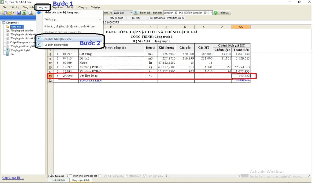 Bỏ tính vật liệu khác trên dự toán Eta