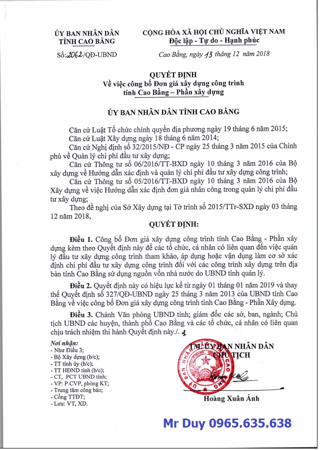 Đơn giá xây dựng tỉnh Cao Bằng năm 2019