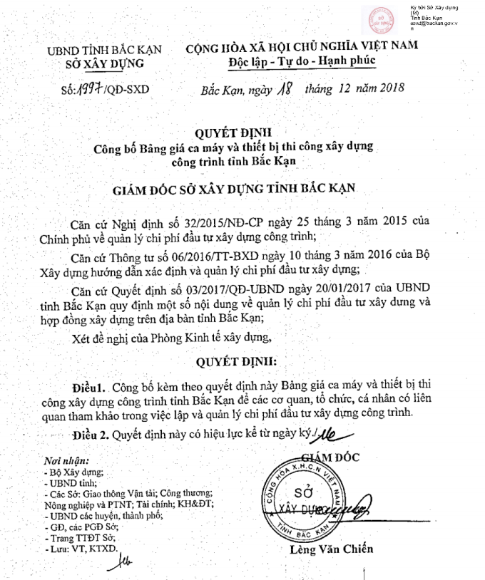 Bảng giá ca máy tỉnh Bắc Kạn theo Quyết định 1997/QĐ-SXD