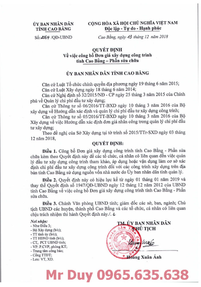 Đơn giá xây dựng tỉnh Cao Bằng năm 2018