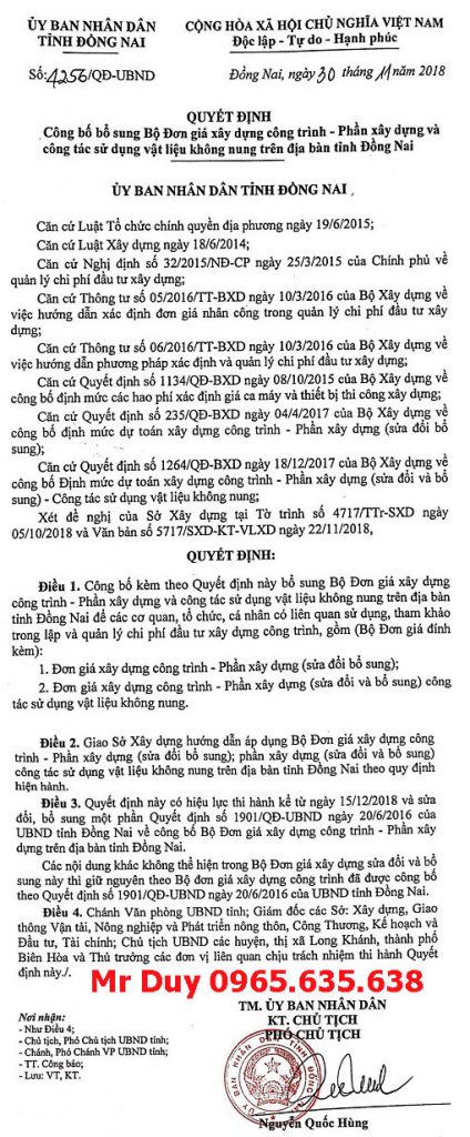 Đơn giá xây dựng tỉnh Đồng Nai năm 2018
