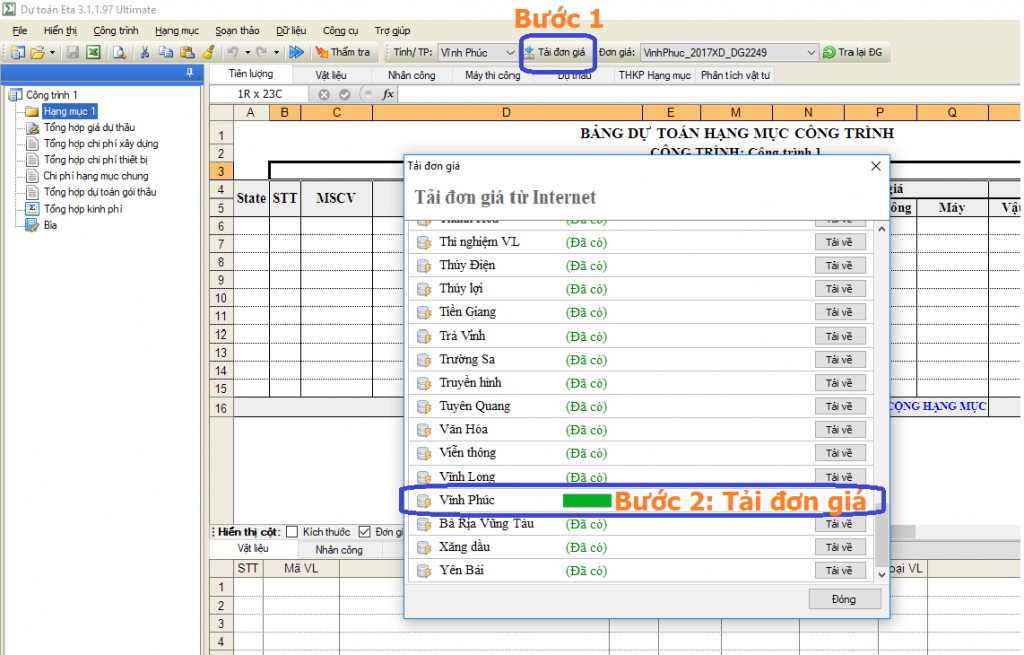 Đơn giá xây dựng tỉnh Vĩnh Phúc năm 2019