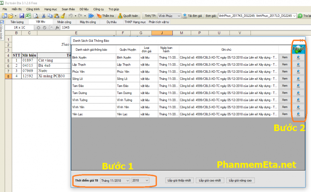 Giá vật liệu xây dựng tỉnh Vĩnh Phúc năm 2019