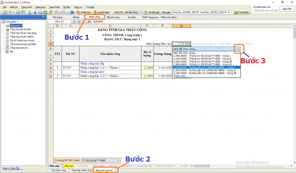 Đơn giá nhân công Bà Rịa Vũng Tàu năm 2019