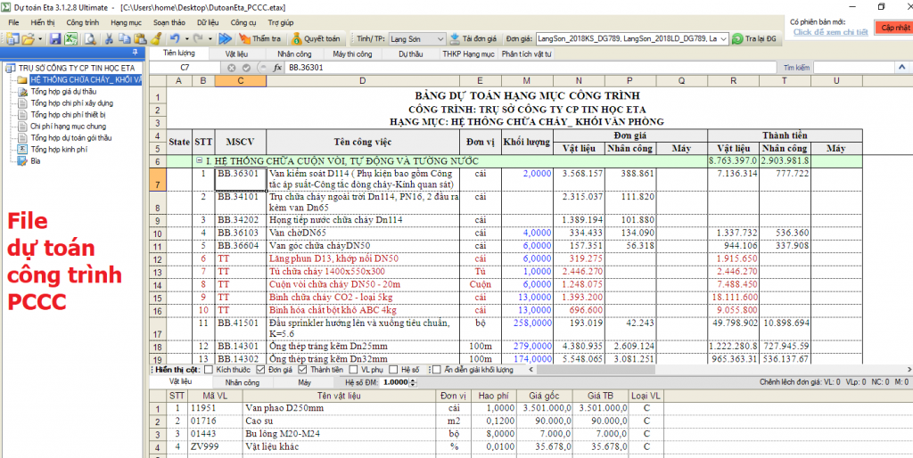 Phần mềm dự toán công trình phòng cháy chữa cháy