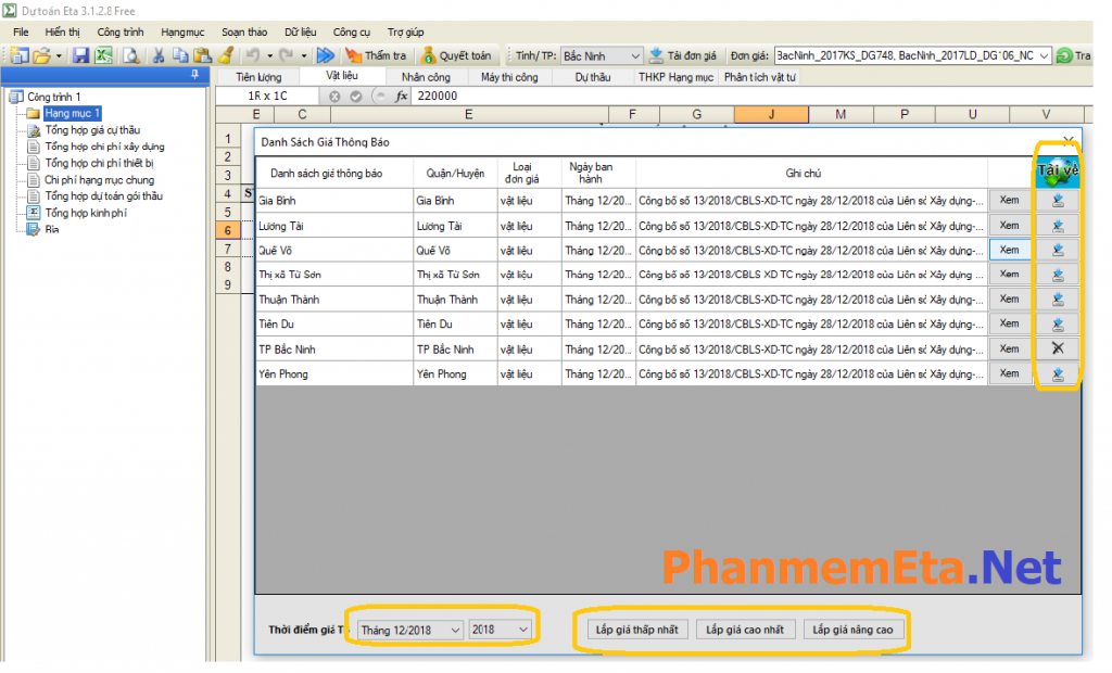 giá vật liệu xây dựng tỉnh Bắc Ninh năm 2019